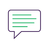 purple rectangle speech bubble with green lines of text