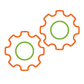 two orange and green gear wheels next to each other